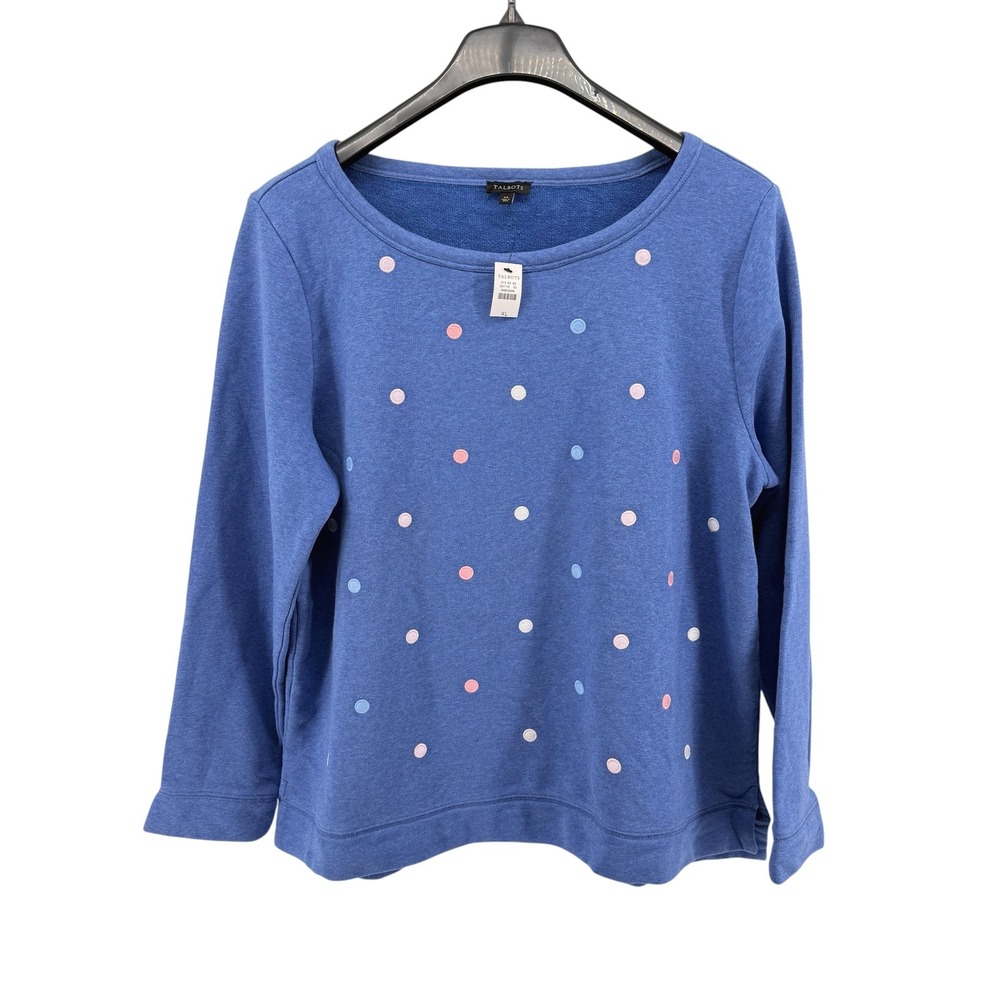 NEW Talbots Sweatshirt Womens XL Pullover Blue Polka Dot Embroidered Long Sleeve